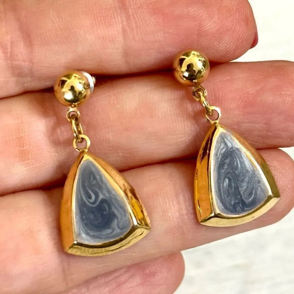 Blue and gold tone post drop earrings